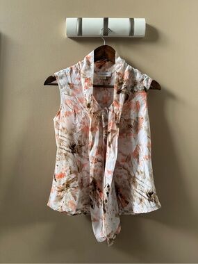 Calvin Klein White Sleeveless Tie-Neck Floral Blouse